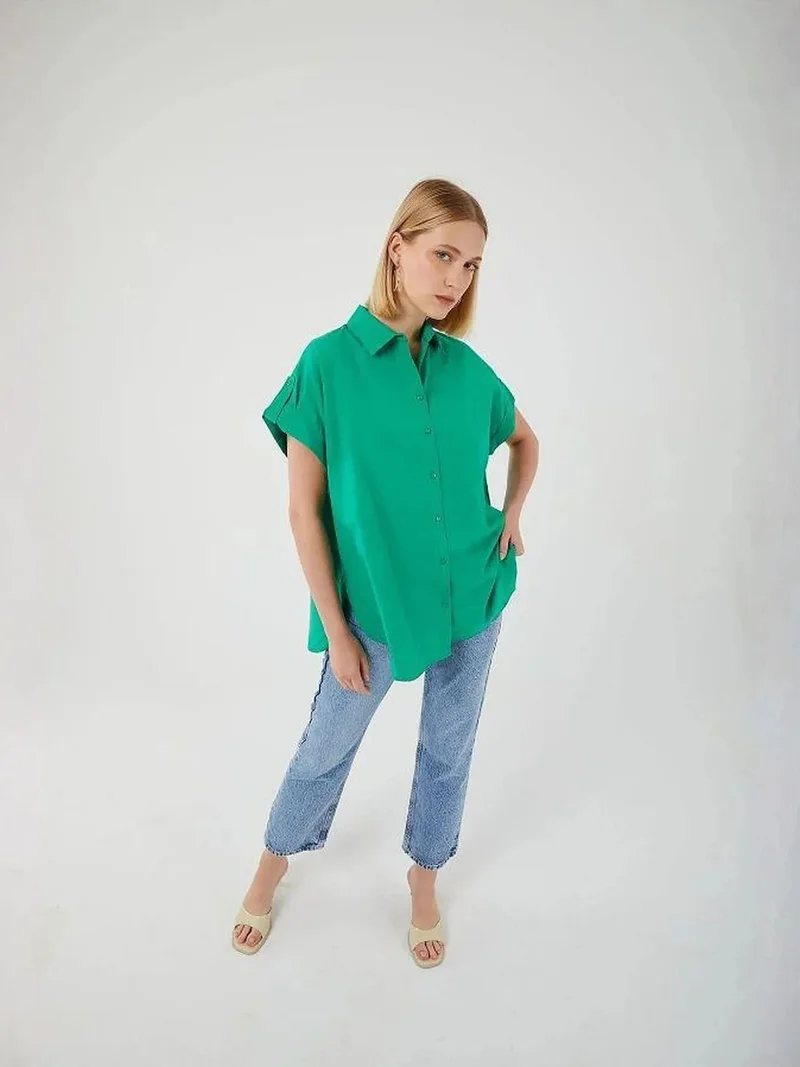 ميكسراي Mixray Short Sleeve Oversize Poplin Buttoned Shirt